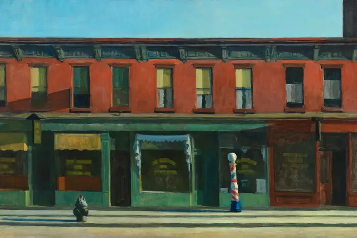 A painting of several red-brick storefronts.
